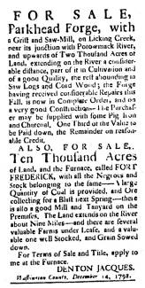 Ad in Washington Spy, 1792 - "For Sale, Parkhead Forge, with"