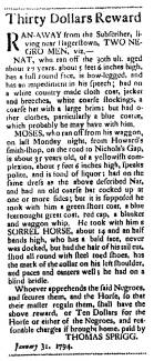 Ad in Washington Spy, 1794 - "Thirty Dollars Reward" by Thomas Sprigg