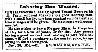 News ad in Herald of Freedom and Torch Light, 1856 - "Laboring Man Wanted."