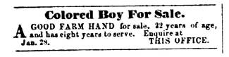 Ad in Herald of Freedom & Torch Light, 1857 - "Colored Boy For Sale."