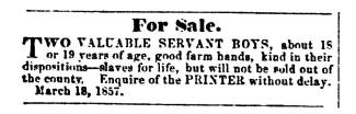 Ad in Herald of Freedom & Torch Light, 1857 - "For Sale."  Two Valuable Servant Boys