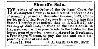News ad in Herald of Freedom & Torch Light, 1857 - "Sheriff's Sale."