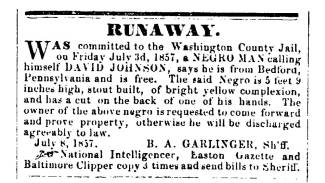 Ad in Herald of Freedom & Torch Light, 1857 - "RUNAWAY." by B.A. GARLINGER, Sh'ff