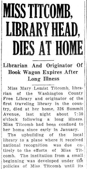 Newspaper clipping from Miss Titcomb's obituary