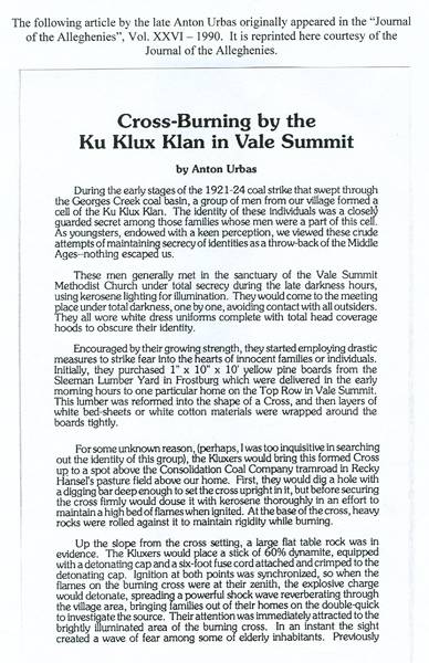 Article titled "Cross Burning by the Klu Klux Klan in Vale Summitt"