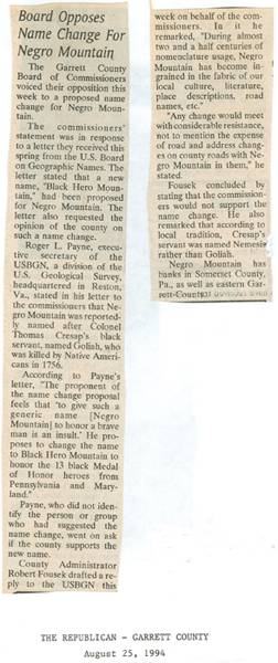 Newspaper article titled "Board Opposes Name Change for Negro Mountain"