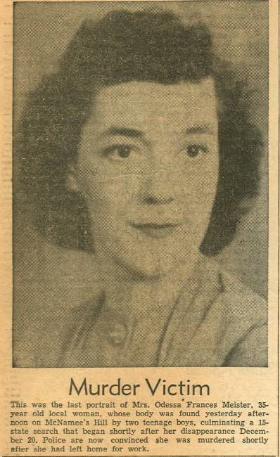 Newspaper clipping from Cumberland News of woman, Odessa Meister title "Murder Victim"