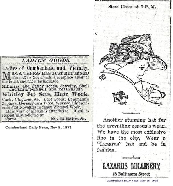 2 News ads from Cumberland Daily News, 1935 - "Ladies Goods" & "Lazarus Millinery