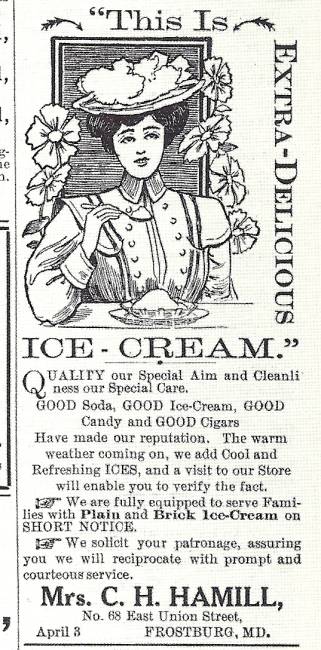 Newspaper advertisement for Ice Cream; drawing of woman in hat eating ice cream, circa 1911