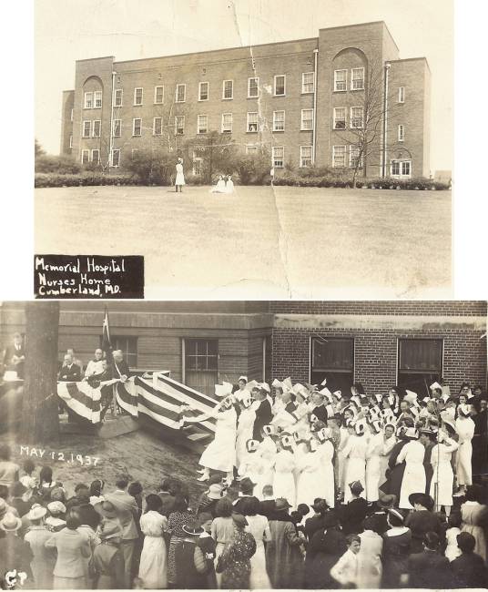 2 photos - 1 of Memorial Hospital Nurses Home, Cumberland, MD - 3 women on lawn; nurses gathering for graduation ceremony