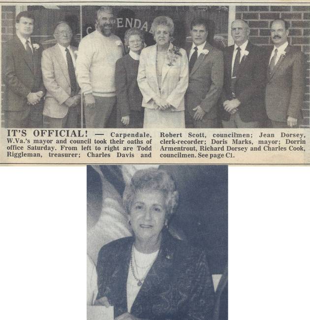 1990 Newspaper article of Carpendale, West Virginia elected officials and Mayor Doris Marion Marks