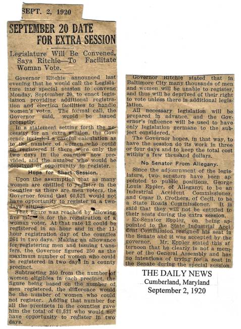 News article clipping from Cumberland Daily News title "September 20 Date For Extra Session", 1920