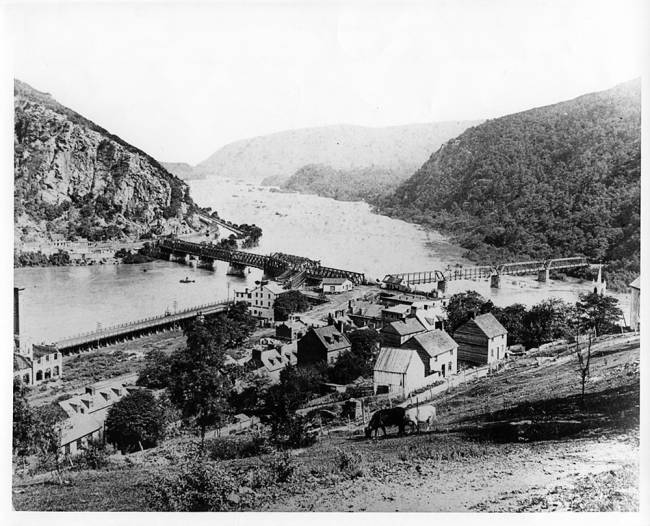 Photograph of lower town Harpers Ferry and the convergence of the Potomac and Shenandoah Rivers.