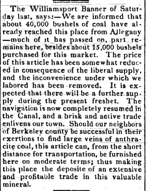 News article in Hagerstown Mail, 1837 - 40,000 bushels of coal