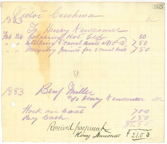 Handwritten Invoice for Victor Cushwa,1883 from Chesapeake & Ohio Canal Company