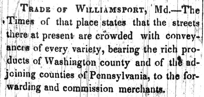 News article in Herald of Freedom, 1848 - "Trade of Williamsport, Md."
