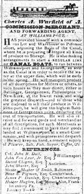 Advertisement in Hagerstown Mail, 1835 - "Charles A. Warfield of A Commission Merchant and Forwarding Agent At Williamsport