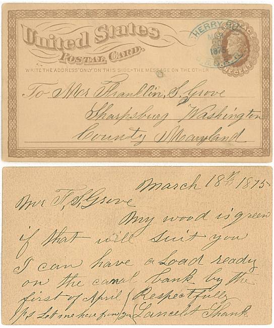 Image of postcard with text "United States Post Card"  - Postage 1 cent, circa 1875