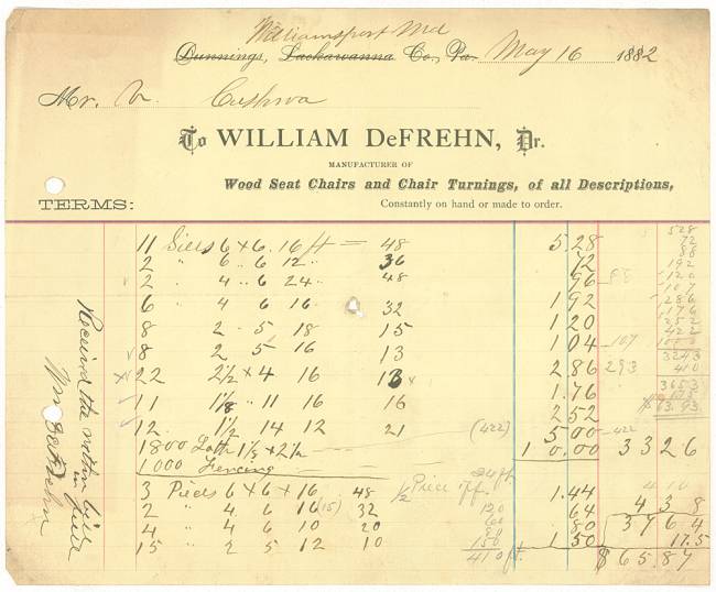 Invoice to Cushwa from DeFrehn's Chair Factory, 1882