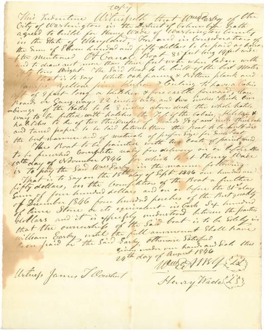 Scan of written letter regarding building a Canal boat, 1846