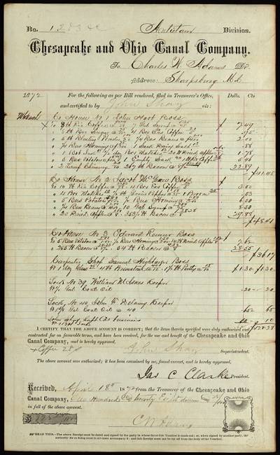 Bill of sale from the Chesapeake and Ohio Canal Company to Charles W. Adams, 1872
