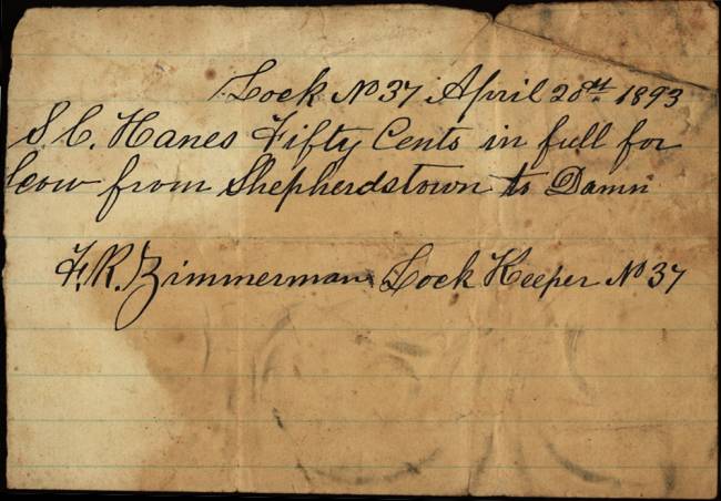 Handwritten receipt from April 1893 F.R. Zimmerman, Lock Keeper 37