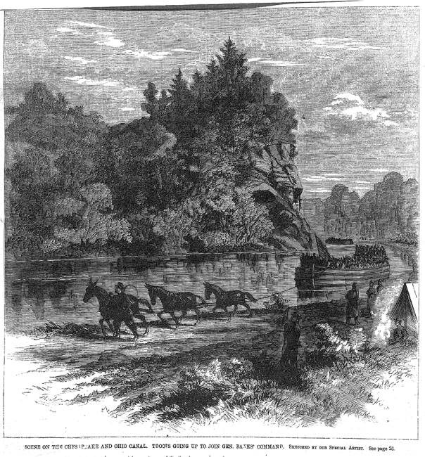 Sketch by Thomas Nast of boat in canal with mules pulling boat with rope and man with whip leading mules, 1861 