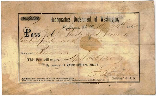 Pass for J. A. Wade and Team from Headquarters Department of Washington, 1865 