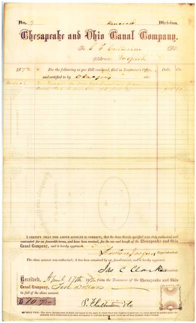 Bill receipt from Chesapeake and Ohio Canal Company, 1872 for $10