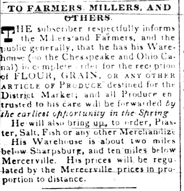 Ad in Hagerstown Mail, 1838 - "TO FARMERS, MILLERS, AND OTHERS"