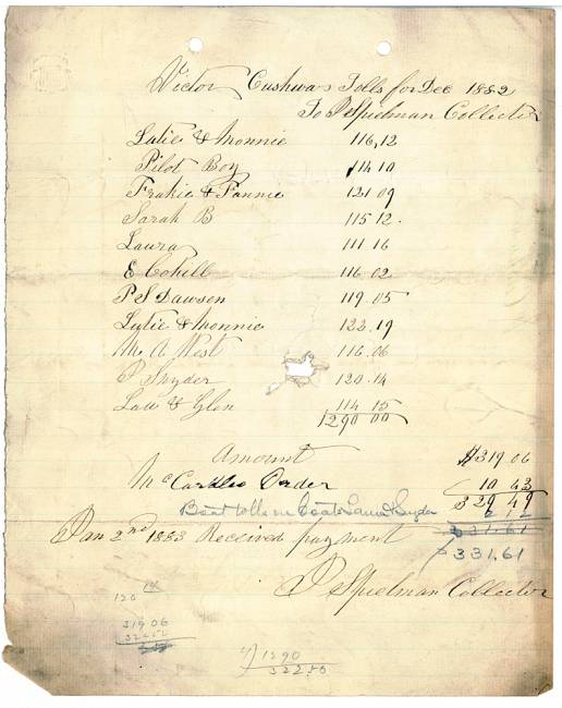 Handwritten expense ledger of Victor Cushwa’s Tolls for Dec 1882