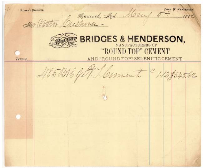 Invoice to Cuswha from Bridges & Henderson, Manufacturers of "Round Top" Cement, 1882