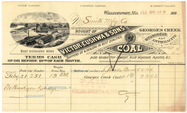 Invoice bill in 1898 for Cushwa and Sons, for Georges Creek Coal