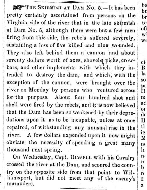 Article in Herald of Freedom & Torch Light, 1861 - "THE SKIRMISH AT DAM NO. 5."