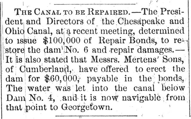 Article in Hagerstown Mail, 1889 - "The Canal To Be Repaired."
