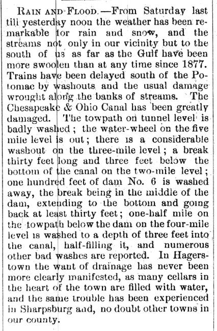 News article in Herald Mail, 1886 - "Rain and Flood"