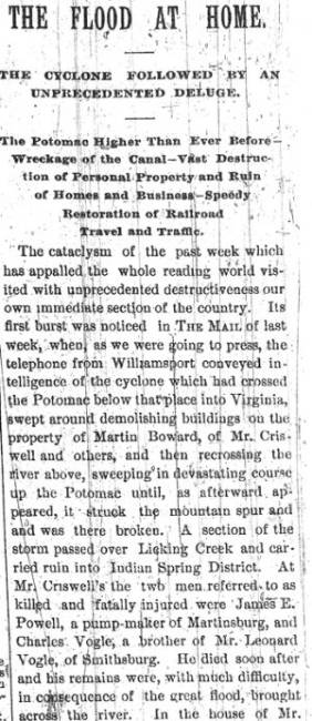 News article in Hagerstown Mail, 1889 - "The Flood At Home."