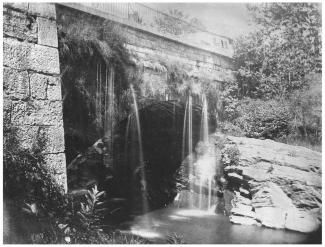 Tonoloway Aqueduct, a stone bridge; water is streaming down from bridge