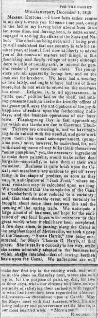 News article in Weekly Casket, 1849 "For the Casket, December 1, 1849."