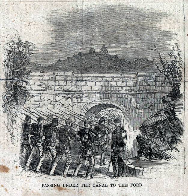 Sketch by Theodore R. Davis, Harper's Weekly, 1862 of troops passing under the Canal at Hancock