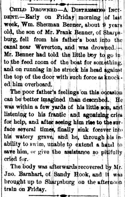 News article in Hagerstown Weekly Mail, 1874 - "Child Drowned."