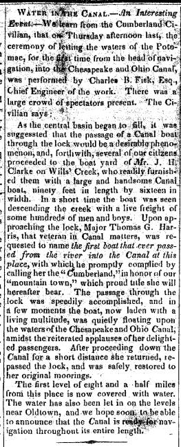 News article in Herald of Freedom, 1850 - "Water in the Canal."
