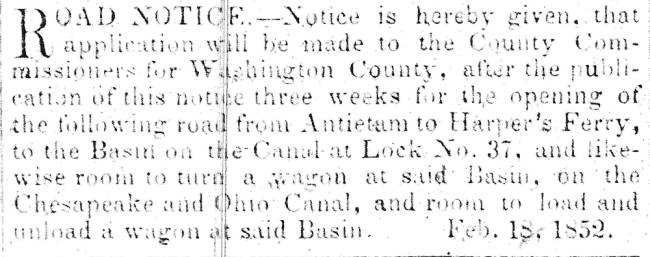 News article in Herald of Freedom & Torch Light, 1852 - "Road Notice."