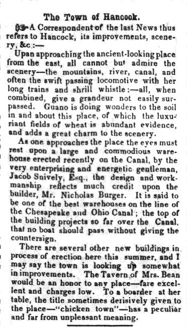 Article in Herald of Freedom & Torch Light, 1854 "The Town of Hancock."