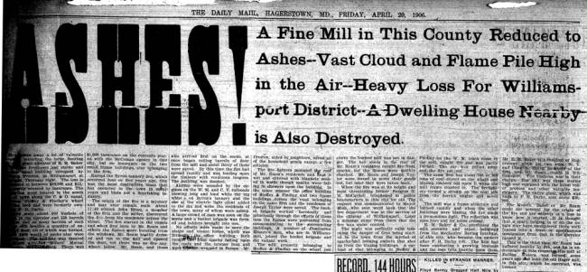 Article in Daily Mail, Hagerstown, 1906 - "ASHES!"