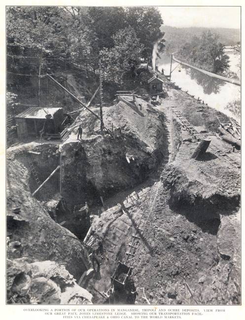 Photograph from Paul Jones ledge of lime stone, looking southeast; canal and Potomac river off to the right side