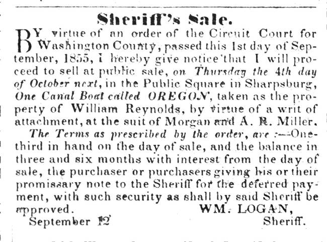 News ad in Herald of Freedom & Torch Light, 1855 - "Sheriff's Sale."