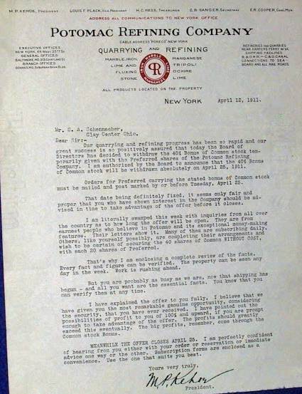 Letter typed on Potomac Refining Company letterhead to Mr. S. A. Schennacher, April 12, 1911 from M.P. Kehoe, President
