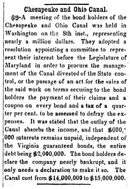 Article in Herald of Freedom & Torch Light, 1856 - "Chesapeake and Ohio Canal."