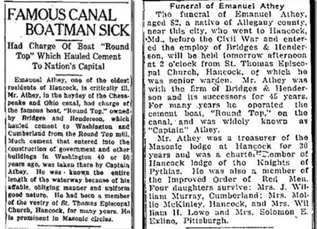 Articles in Hagerstown Daily Mail and Cumberland Evening News, 1925; "Famous Canal Boatman Sick", "Funeral of Emanuel Athey"
